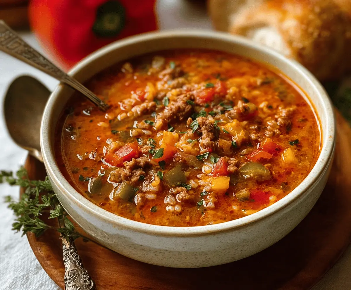 Creamy stuffed bell pepper soup with colorful diced peppers, ground meat, and melted cheese served in a bowl, perfect for a hearty and comforting meal.
