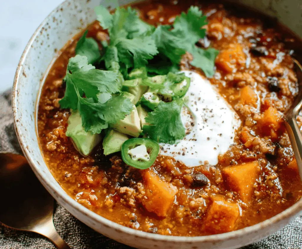 A bowl of hearty sweet potato turkey chili garnished with fresh herbs, featuring diced sweet potatoes, ground turkey, beans, and spices.