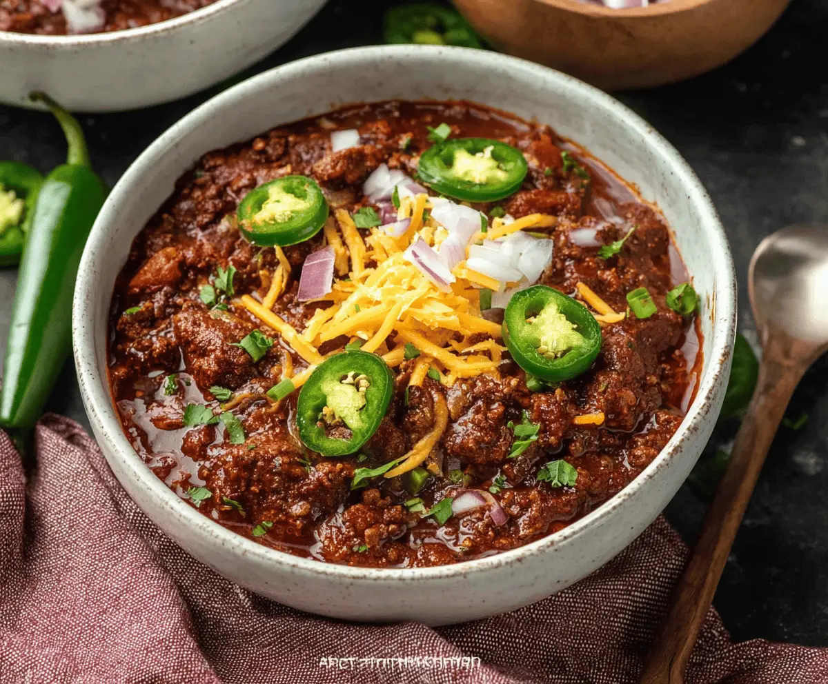 Hearty Texas Chili in a bowl topped with shredded cheese and fresh cilantro, served with cornbread on the side.