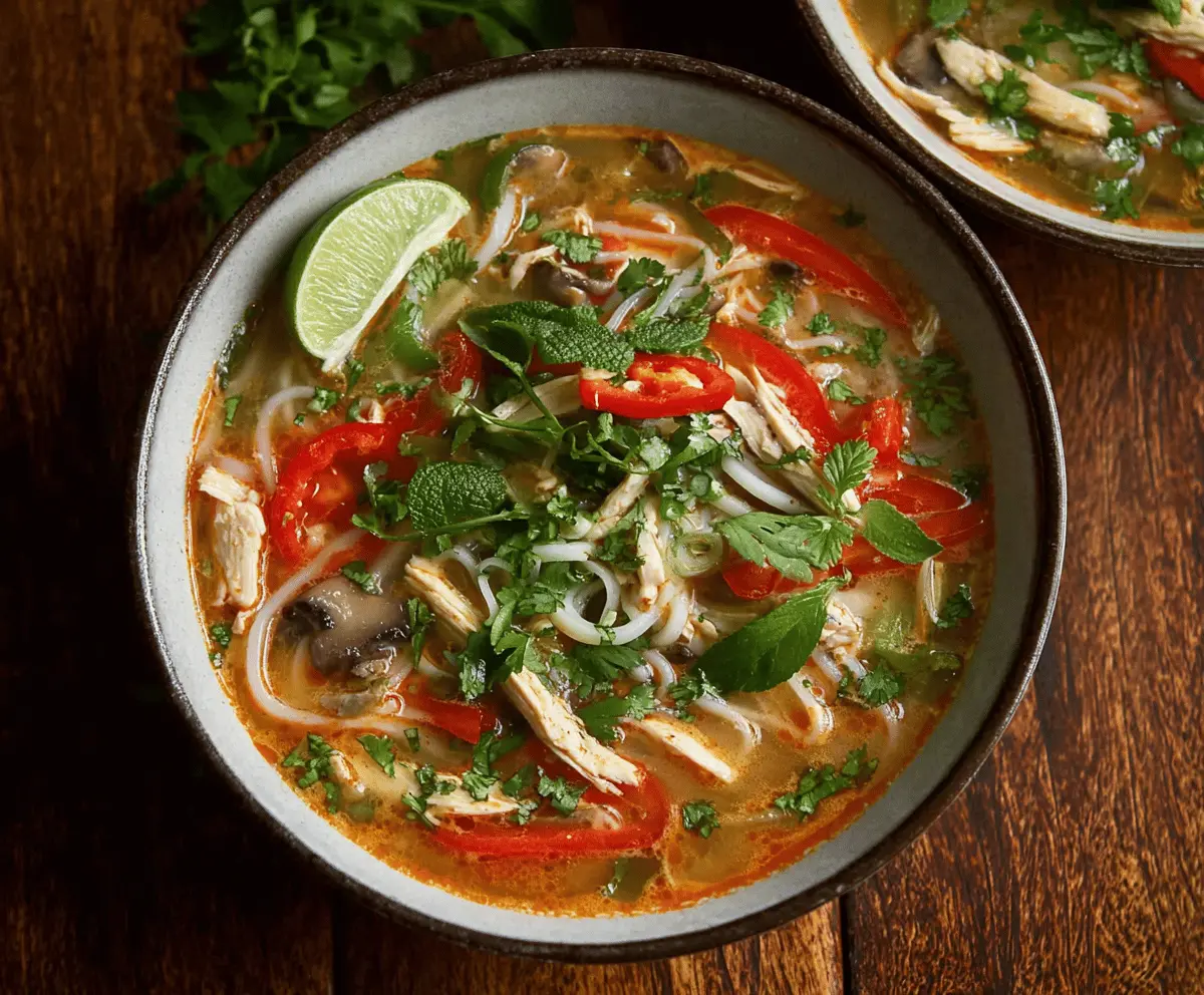 A bowl of steaming Thai Chicken Noodle Soup garnished with fresh herbs, lime wedges, and sliced vegetables, served in a white ceramic bowl.