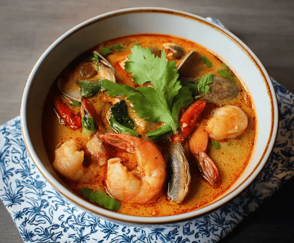Spicy Thai Tom Yum Soup with shrimp, mushrooms, lemongrass, chili peppers, and fresh herbs in a flavorful broth