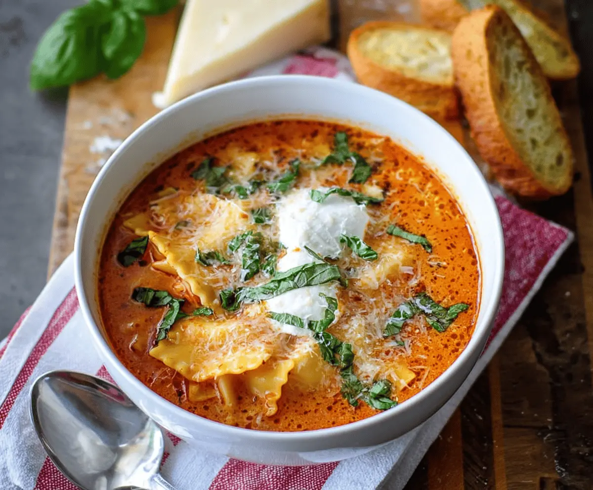 Creamy Tomato Basil Lasagna Soup with melted cheese, fresh basil, and rich tomato broth served in a bowl.