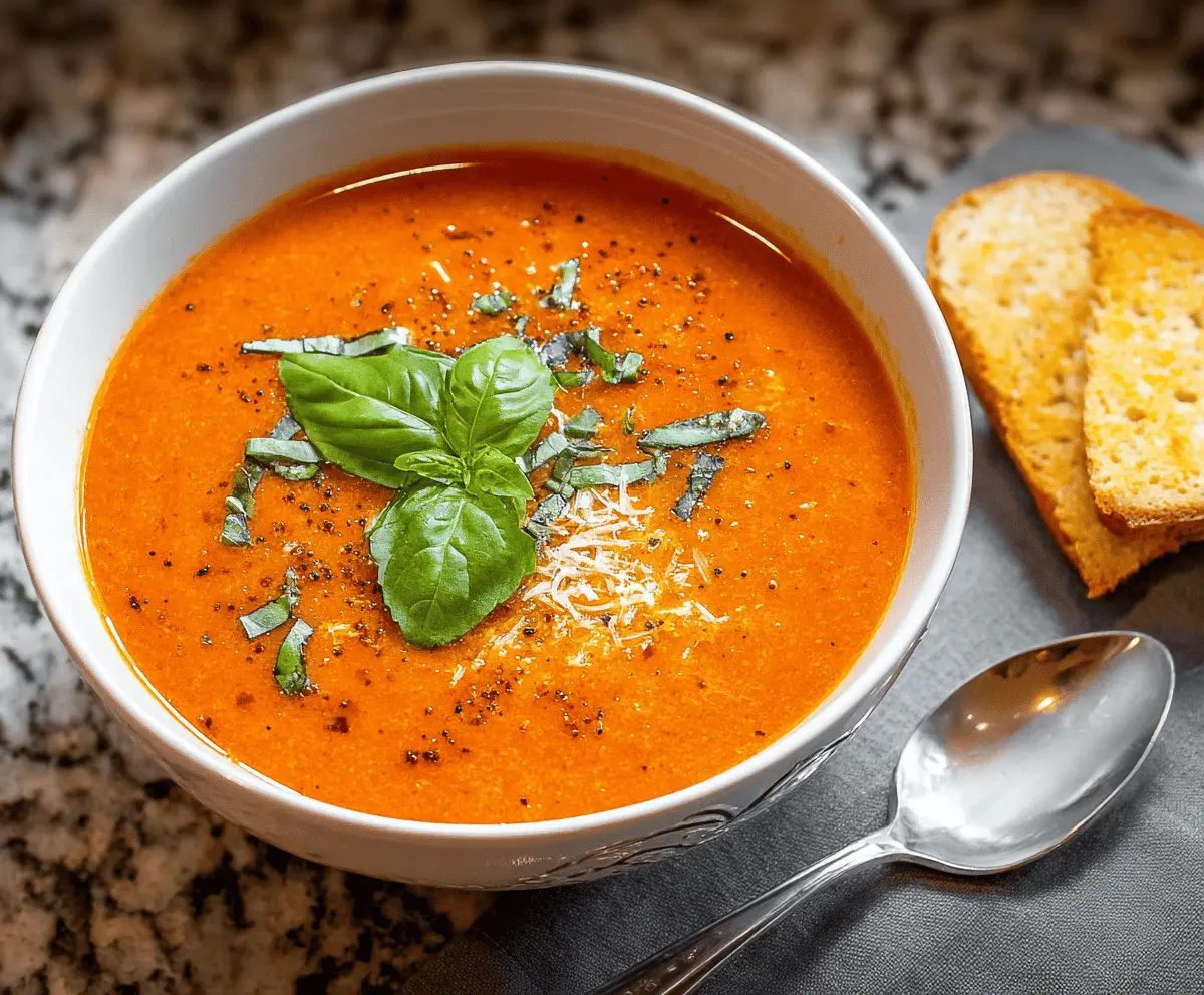 Creamy tomato basil soup garnished with fresh basil leaves in a rustic bowl, perfect for a comforting meal