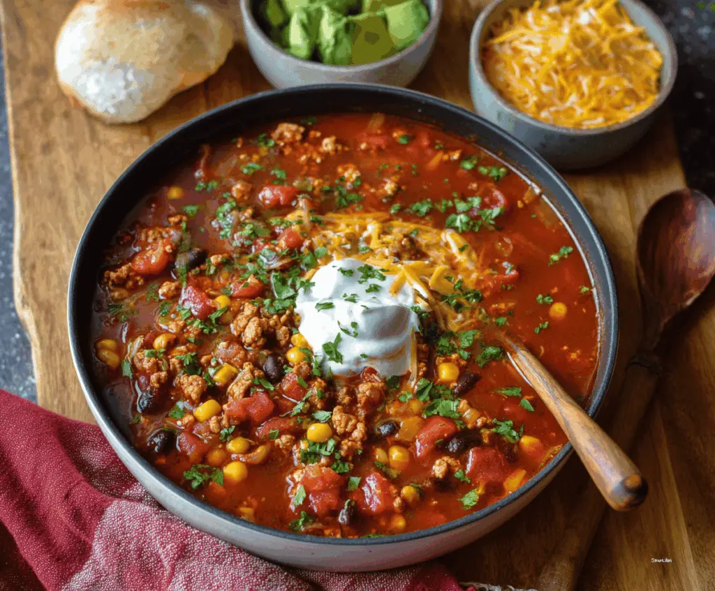 Delicious homemade Turkey Taco Soup in a bowl with ground turkey, diced tomatoes, corn, beans, and fresh cilantro, perfect for a hearty and flavorful meal.