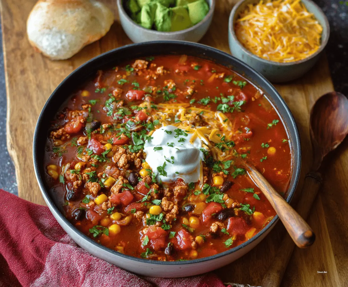 Delicious homemade Turkey Taco Soup in a bowl with ground turkey, diced tomatoes, corn, beans, and fresh cilantro, perfect for a hearty and flavorful meal.