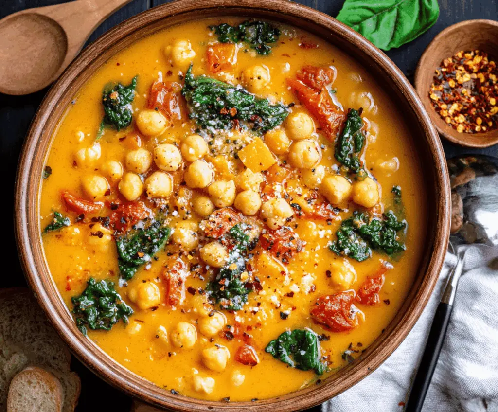 A steaming bowl of Tuscan Chickpea Soup garnished with fresh herbs and olive oil, served with crusty bread on a rustic table.