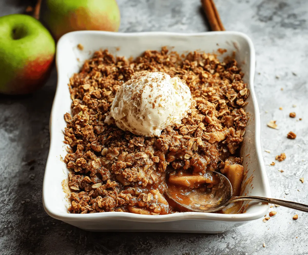 Delicious vegan apple crisp topped with cinnamon and oats, served in a baking dish on a rustic wooden table