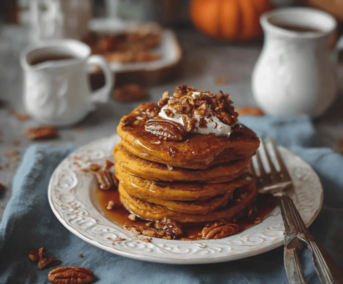 Delicious vegan pumpkin pancakes topped with syrup and fresh berries on a plate for a cozy breakfast