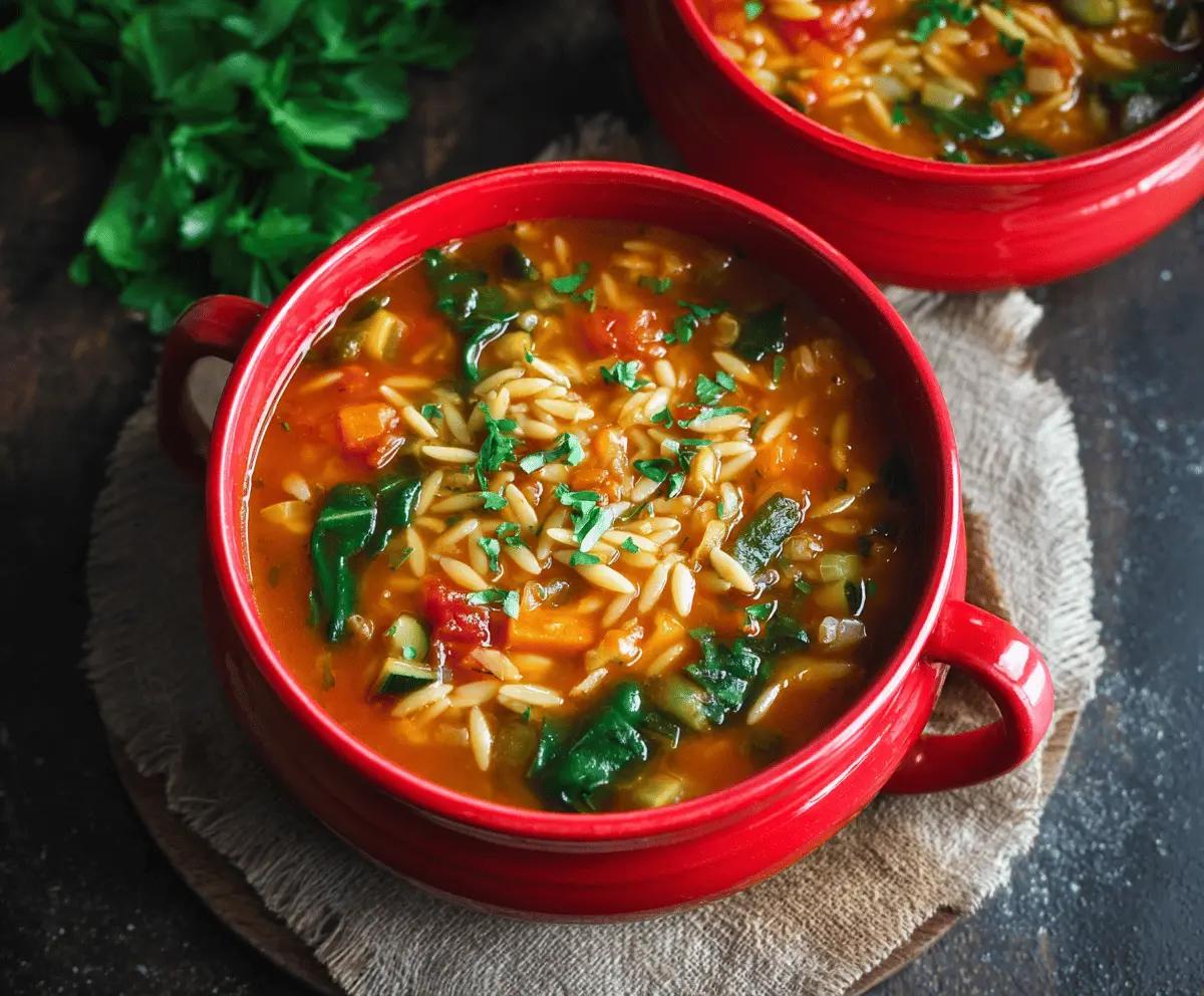 A steaming bowl of Vegetable Orzo Soup featuring colorful vegetables, tender orzo pasta, and fresh herbs, served in a white bowl on a rustic wooden table.