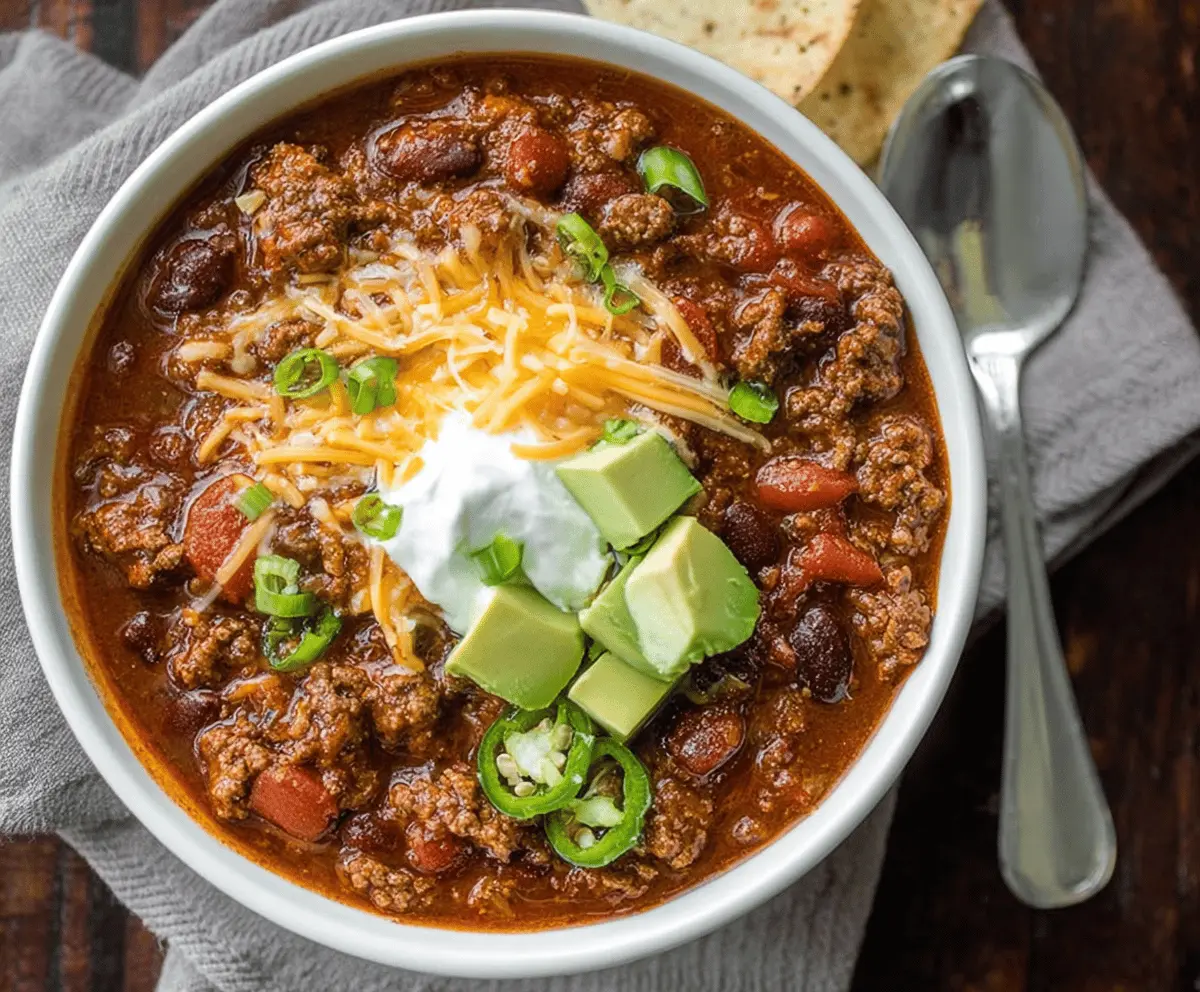 Hearty venison chili topped with shredded cheese and fresh cilantro in a rustic bowl, perfect for a flavorful and spicy meal.
