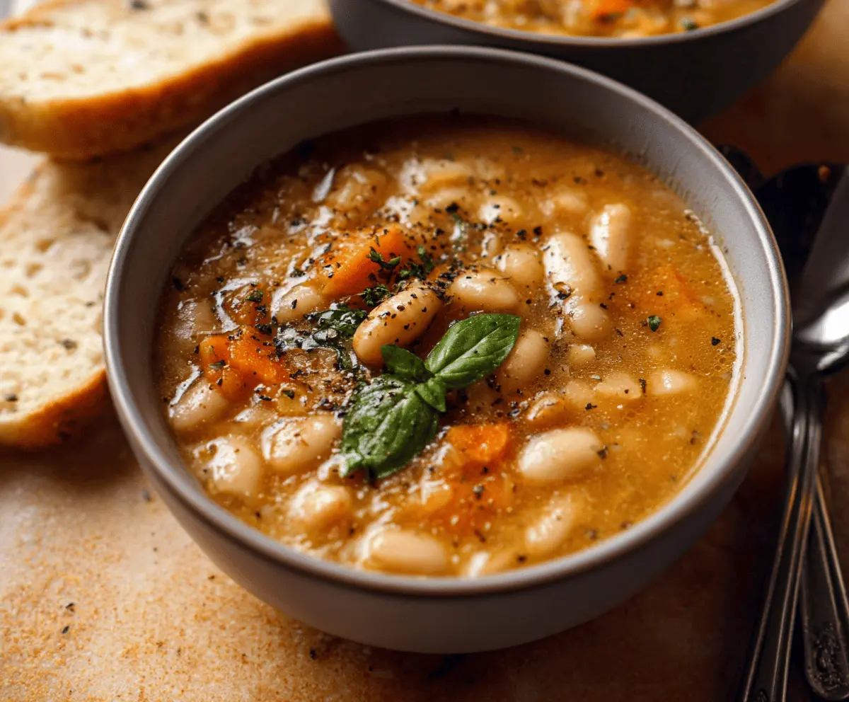 A bowl of creamy white bean soup garnished with fresh herbs and served with crusty bread on a rustic wooden table.