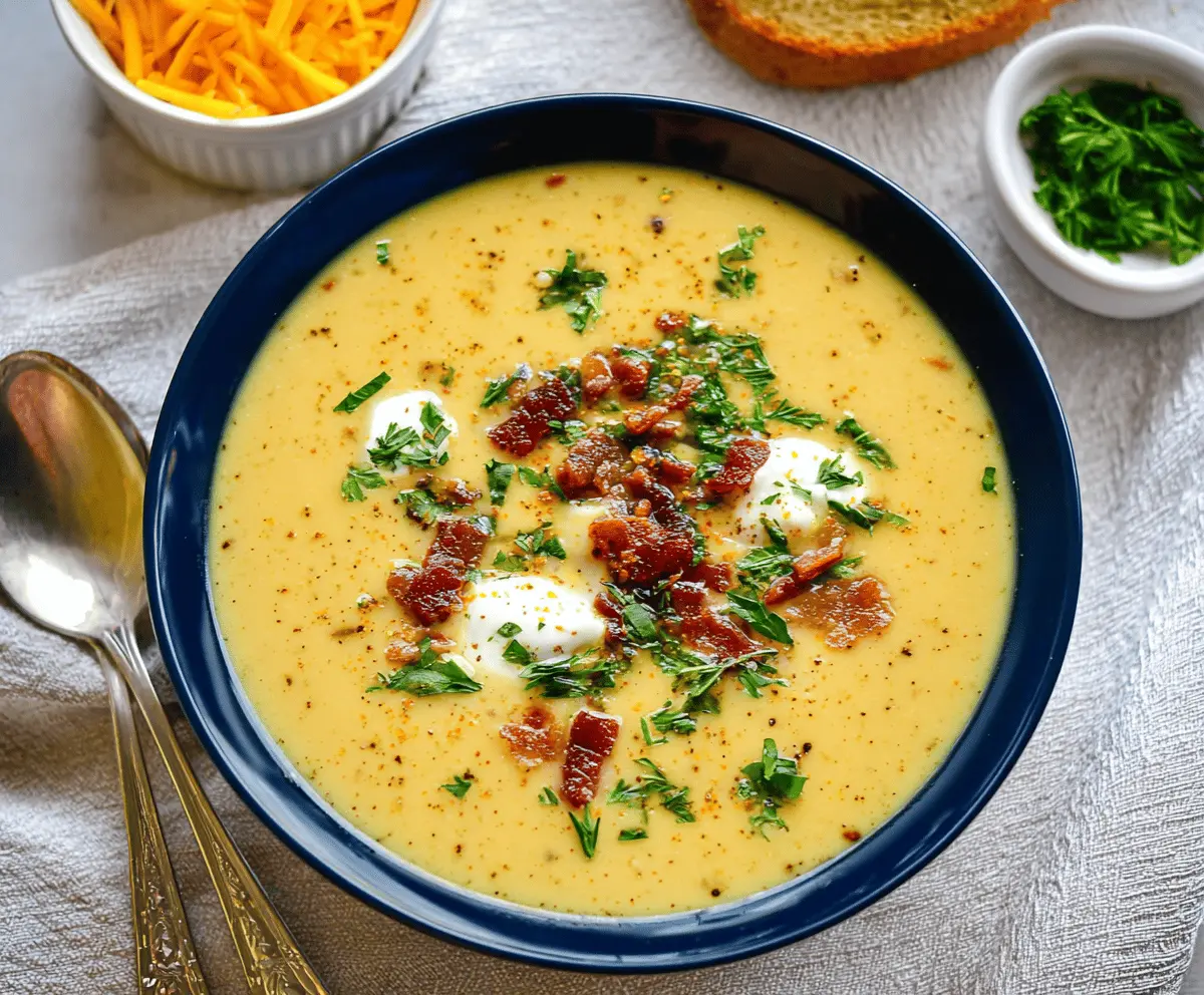 Creamy Yukon Gold Potato Soup in a bowl garnished with fresh herbs, served with crusty bread on a rustic wooden table.