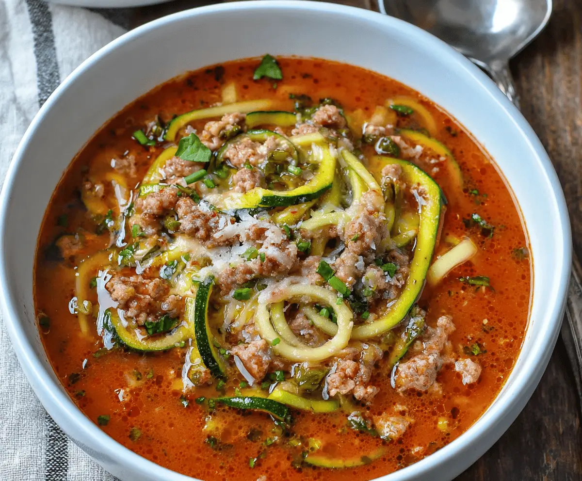 Creamy zucchini lasagna soup topped with melted cheese and fresh herbs in a bowl, showcasing a delicious and healthy Italian-inspired meal.