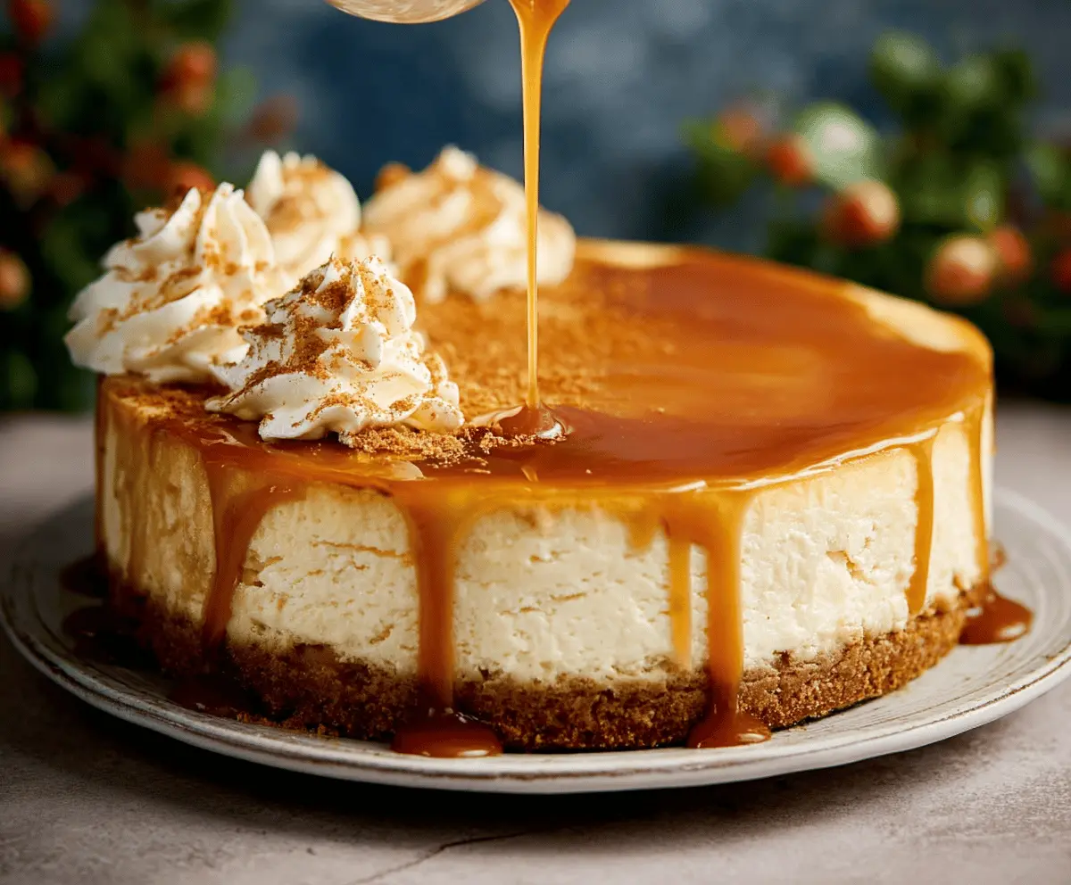 Delicious apple cider cheesecake topped with caramelized apple slices and cinnamon for a perfect fall dessert