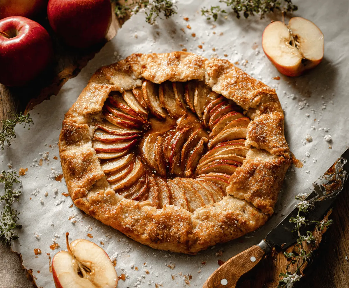Homemade apple galette with flaky crust, sliced fresh apples, cinnamon, and sugar, served on a rustic wooden surface