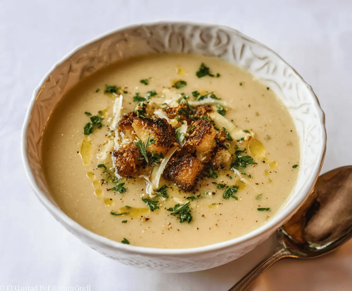 A steaming bowl of authentic Italian garlic soup garnished with fresh herbs, served with crusty bread on a rustic wooden table.