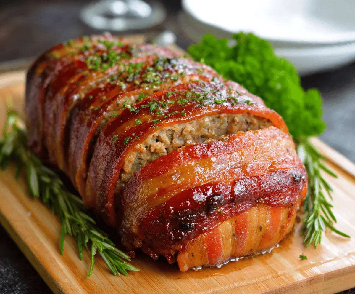 Juicy bacon-wrapped meatloaf topped with crispy bacon slices, served on a white plate with fresh herbs for a savory dinner recipe