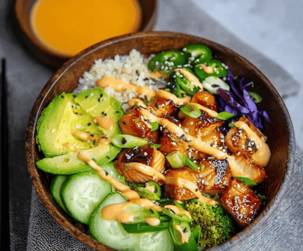Delicious Bang Bang Salmon Bite Bowls with crispy salmon bites, fresh vegetables, and spicy mayo drizzle on a stylish plate