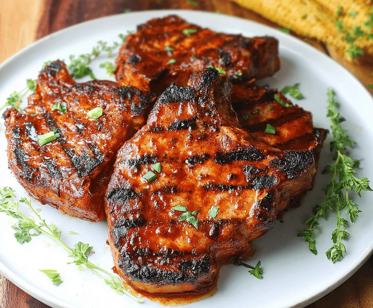 Juicy BBQ pork chops grilled to perfection with smoky char marks and savory seasoning, served on a plate with fresh side dishes.