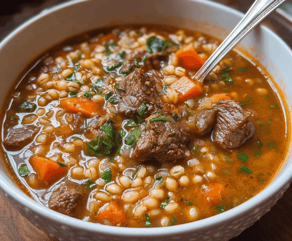 Hearty beef and barley soup in a bowl with fresh herbs, vegetables, and tender beef chunks on a rustic wooden table