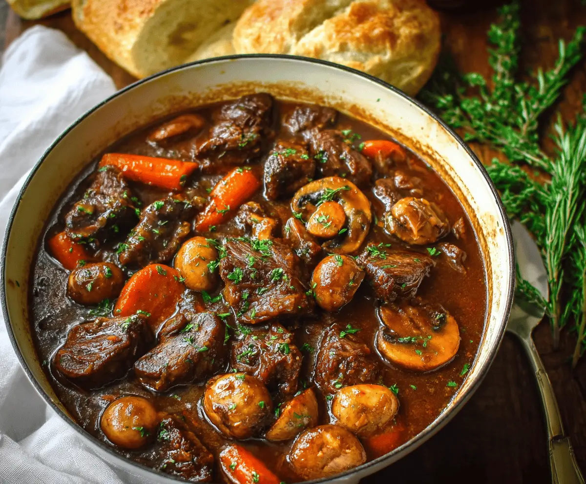 Hearty beef stew with tender mushrooms and vegetables in a rustic bowl, perfect for a comforting meal.