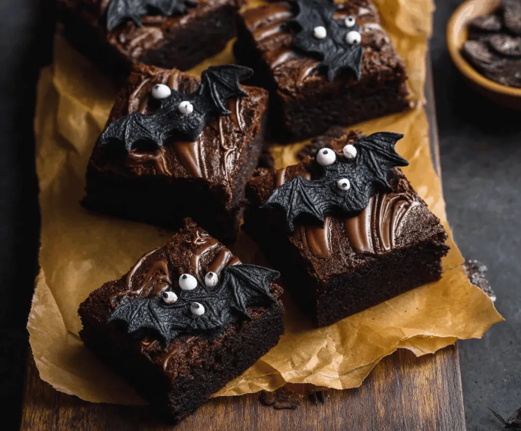 Delicious Black Bat Brownies topped with spooky black icing and edible eyes, perfect for Halloween treats