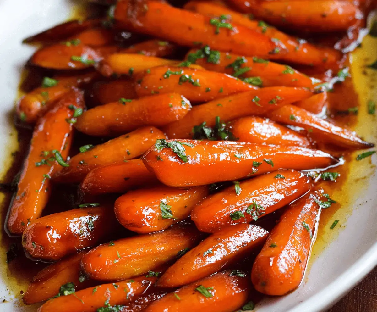 Sweet and savory brown sugar glazed carrots garnished with fresh herbs on a white plate, perfect for a flavorful side dish.