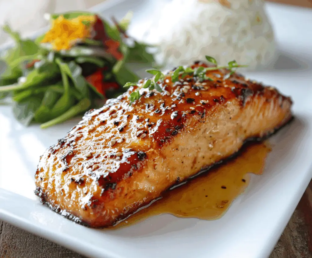 Delicious brown sugar glazed salmon fillet garnished with fresh herbs, served on a white plate.