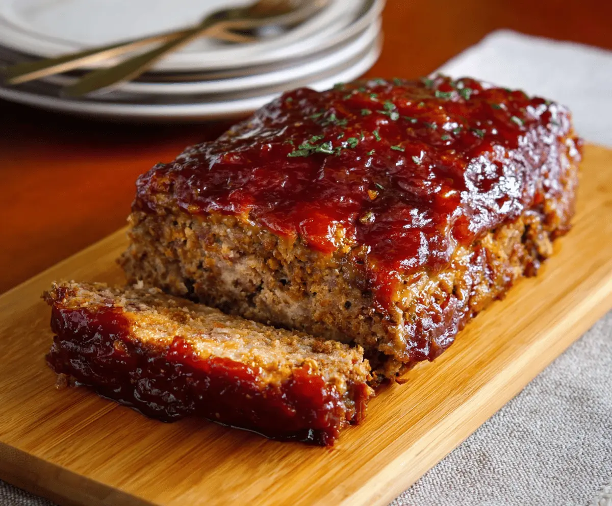 Savory meatloaf glazed with brown sugar and ketchup, garnished with fresh herbs, on a rustic plate