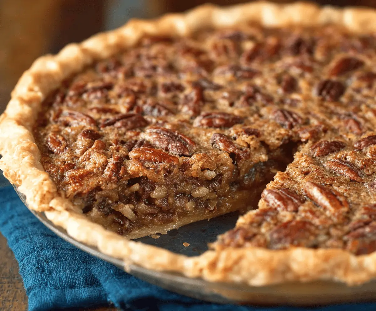 Delicious homemade brown sugar pecan pie with a golden crust and caramelized pecans on top, perfect for dessert or special occasions.