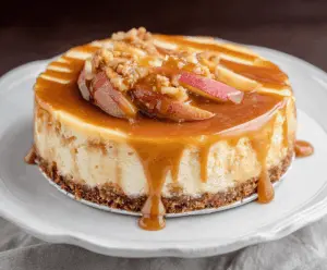Delicious caramel apple cheesecake topped with caramel drizzle and sliced apples, perfect for dessert.