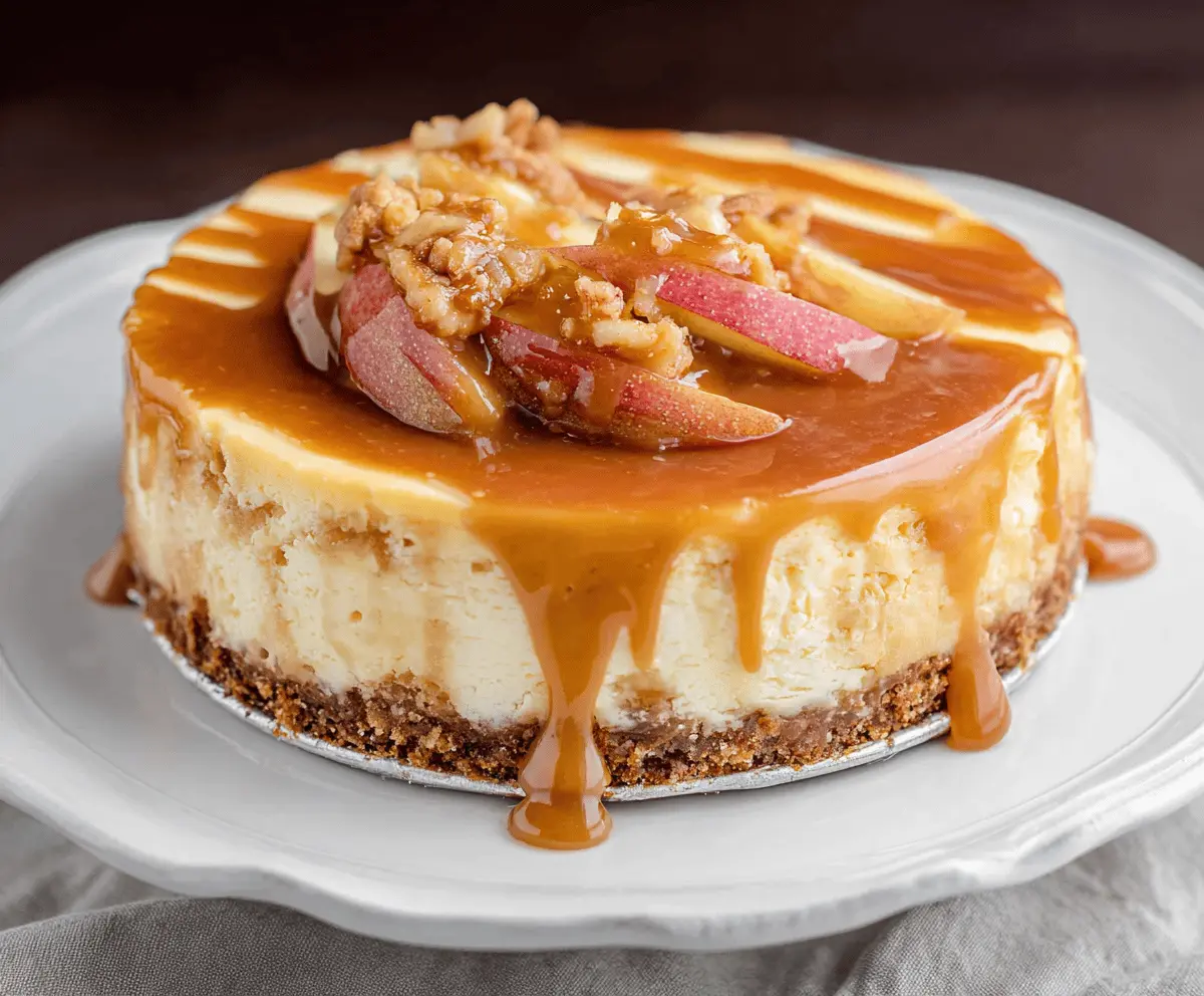 Delicious caramel apple cheesecake topped with caramel drizzle and sliced apples, perfect for dessert.