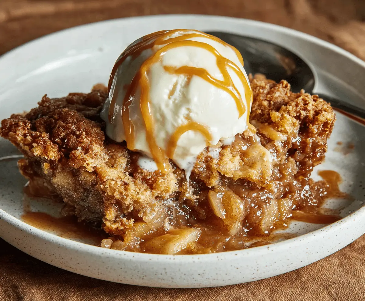 Delicious Caramel Apple Dump Cake topped with whipped cream and caramel drizzle, perfect for fall desserts.