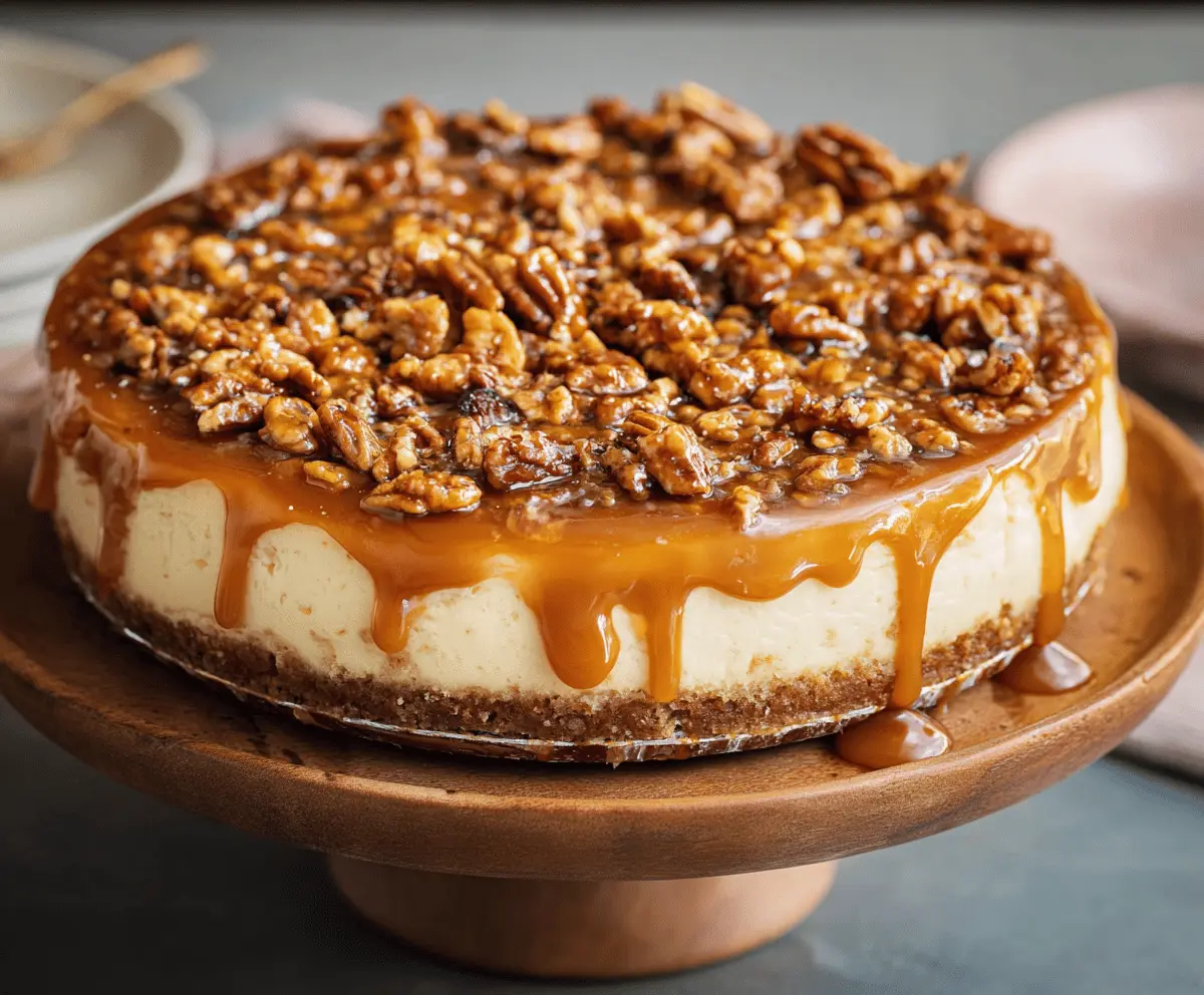 Delicious caramel pecan cheesecake topped with caramel sauce and toasted pecans on a decorative plate.