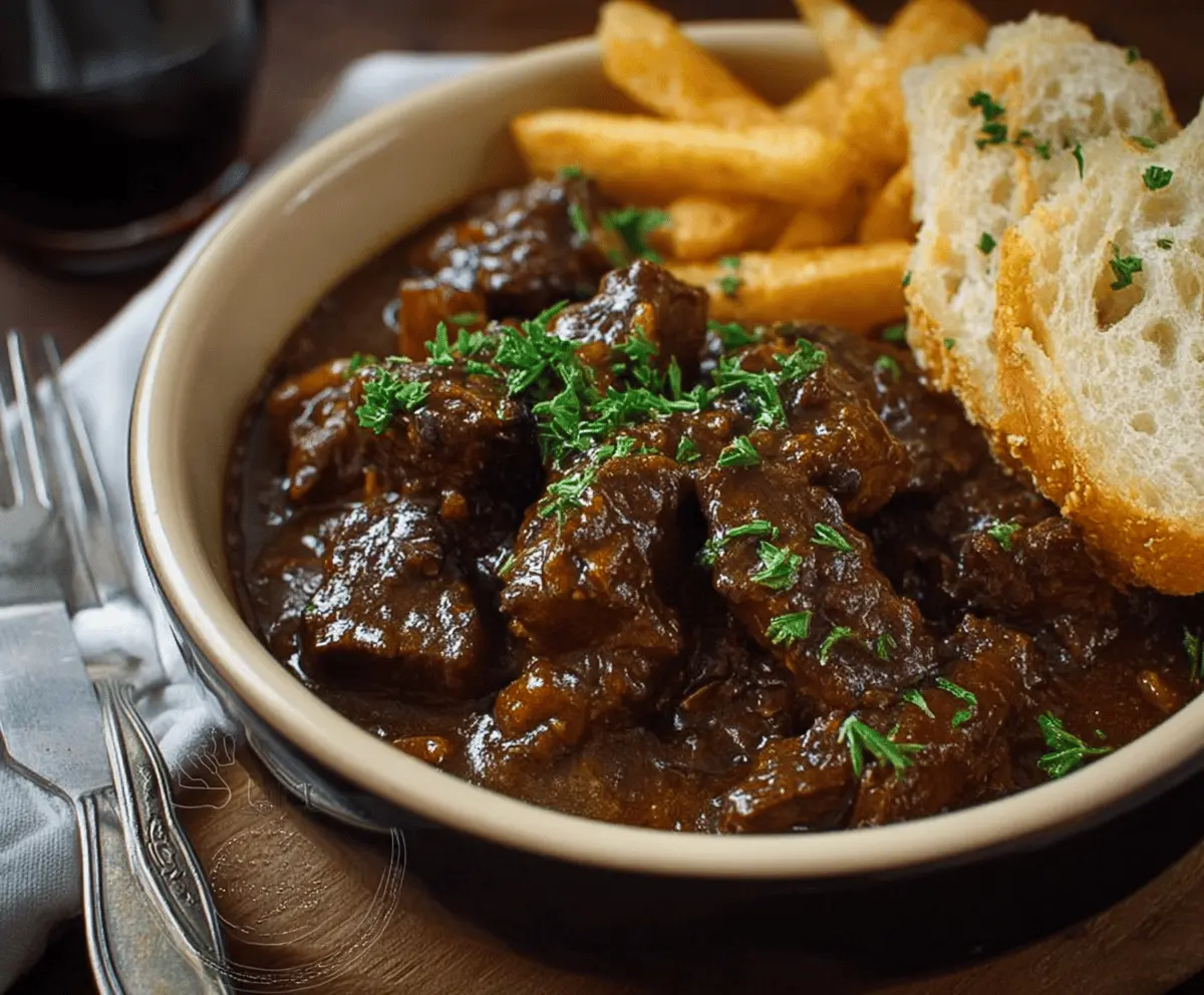 Delicious bowl of Carbonnade Flamande featuring tender beef stew in rich, savory beer sauce with vegetables and fresh herbs