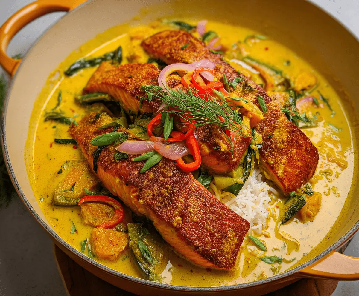 Delicious Caribbean Coconut Curry Salmon served with colorful vegetables and rice, featuring tender salmon fillet coated in rich coconut curry sauce