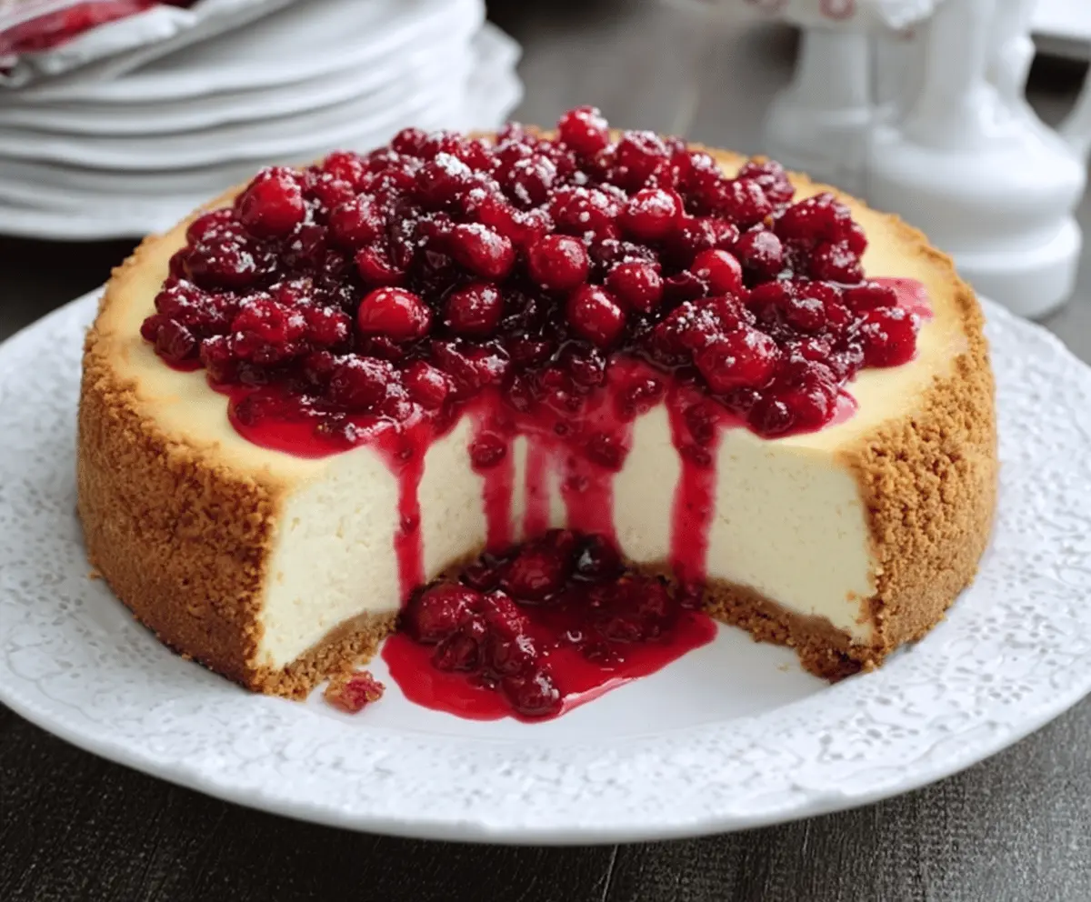 Delicious creamy cheesecake topped with fresh cranberry sauce, served on a white plate with a decorative background.