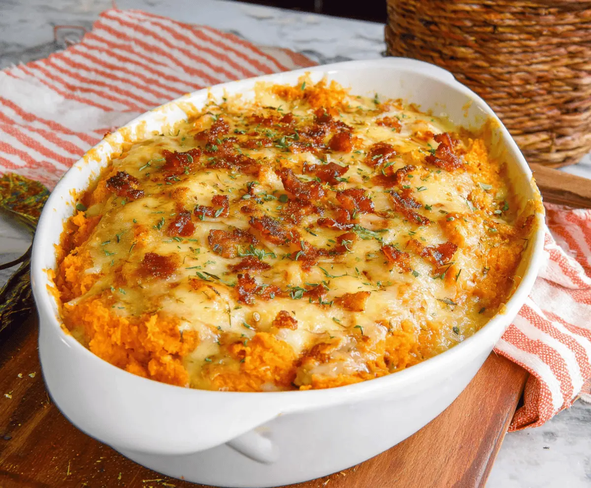 Creamy cheesy sweet potato casserole topped with melted cheese and crispy golden crust, perfect for a comforting holiday side dish.