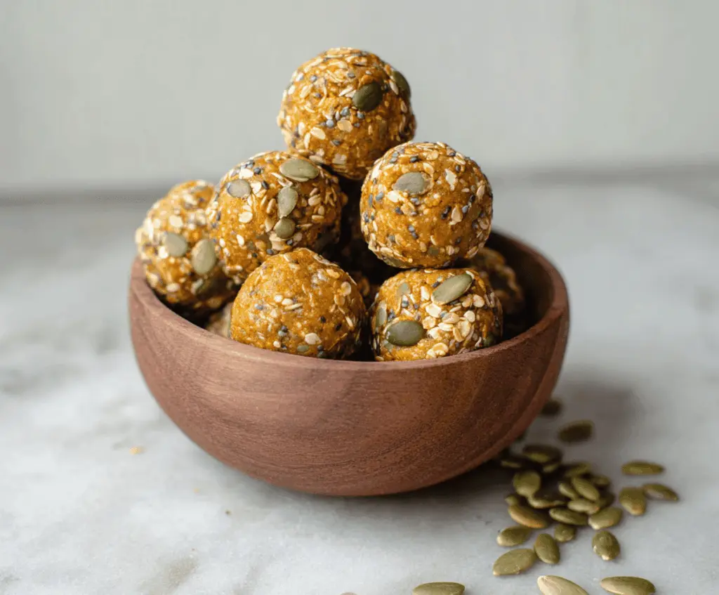 Delicious chia pumpkin protein balls on a white plate, showcasing a healthy and nutritious snack made with chia seeds, pumpkin puree, and protein powder.