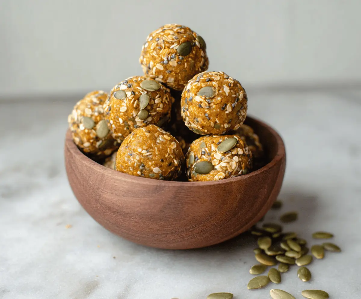 Delicious chia pumpkin protein balls on a white plate, showcasing a healthy and nutritious snack made with chia seeds, pumpkin puree, and protein powder.