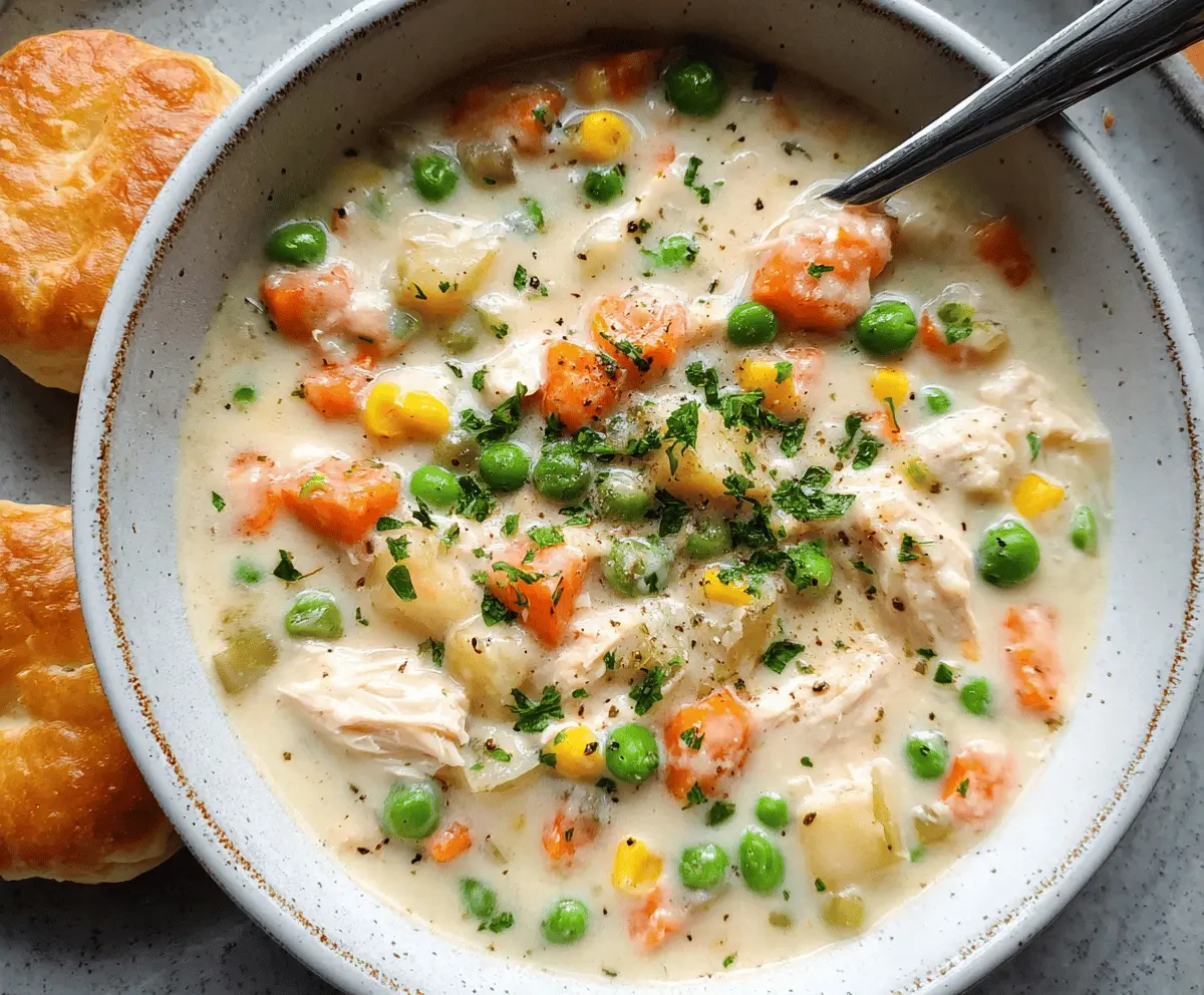 Creamy Chicken Pot Pie Soup garnished with fresh herbs in a bowl, featuring tender chicken, vegetables, and a flaky crust topping.