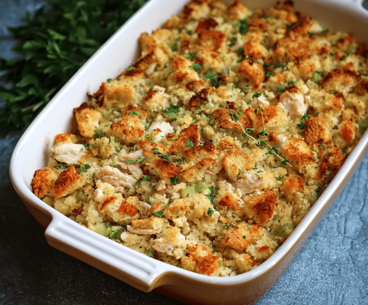 Delicious Chicken & Stuffing Casserole topped with golden-brown breadcrumbs and fresh herbs, served hot on a plate