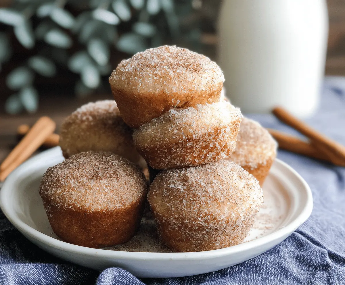 Delicious cinnamon sugar donut muffins with a golden-brown crust and a sweet cinnamon sugar coating, perfect for breakfast or a tasty snack
