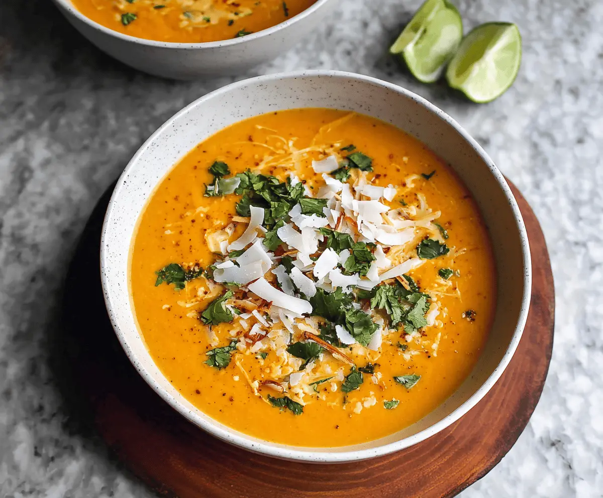 Creamy coconut curry sweet potato soup garnished with fresh herbs in a bowl, showcasing vibrant orange and green colors.