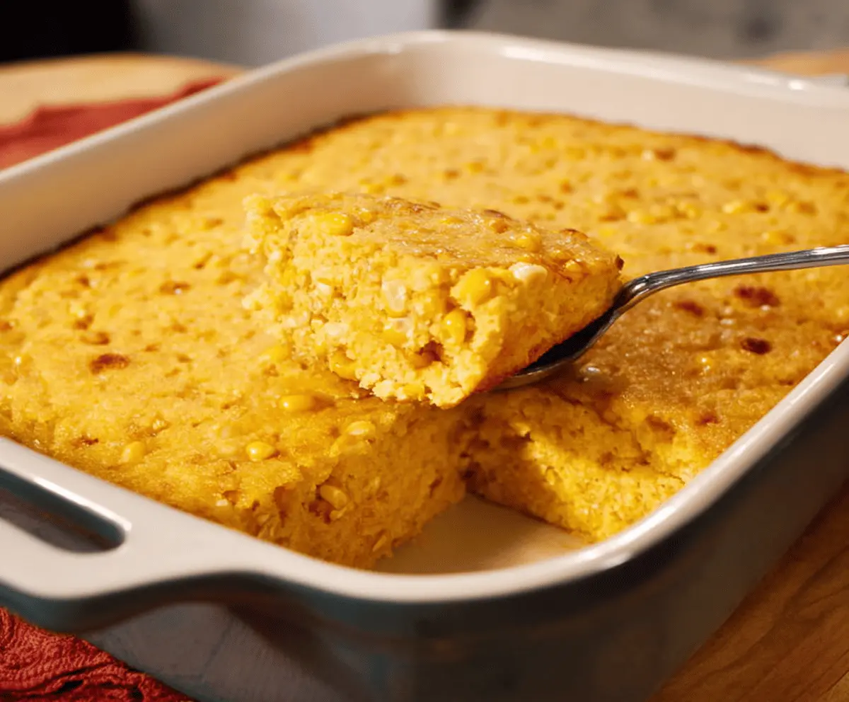 Creamy and cheesy corn casserole topped with golden-brown crust, perfect as a comforting side dish