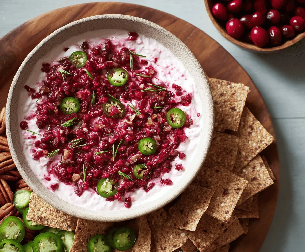 Creamy cranberry jalapeño dip garnished with fresh herbs, featuring vibrant red cranberries, green jalapeños, and a colorful appetizer presentation.
