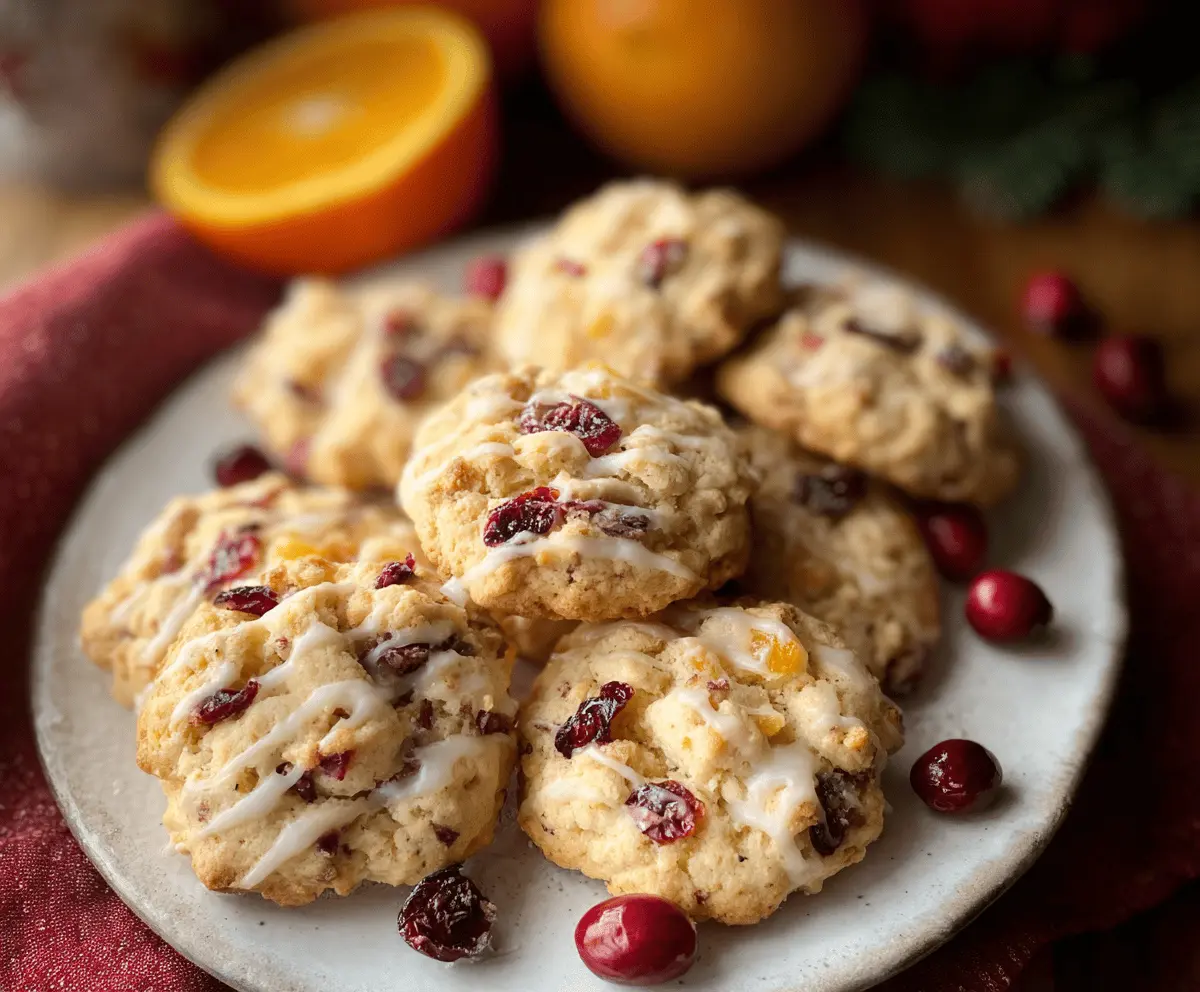Delicious homemade cranberry orange cookies with fresh cranberries and orange zest on a rustic baking tray