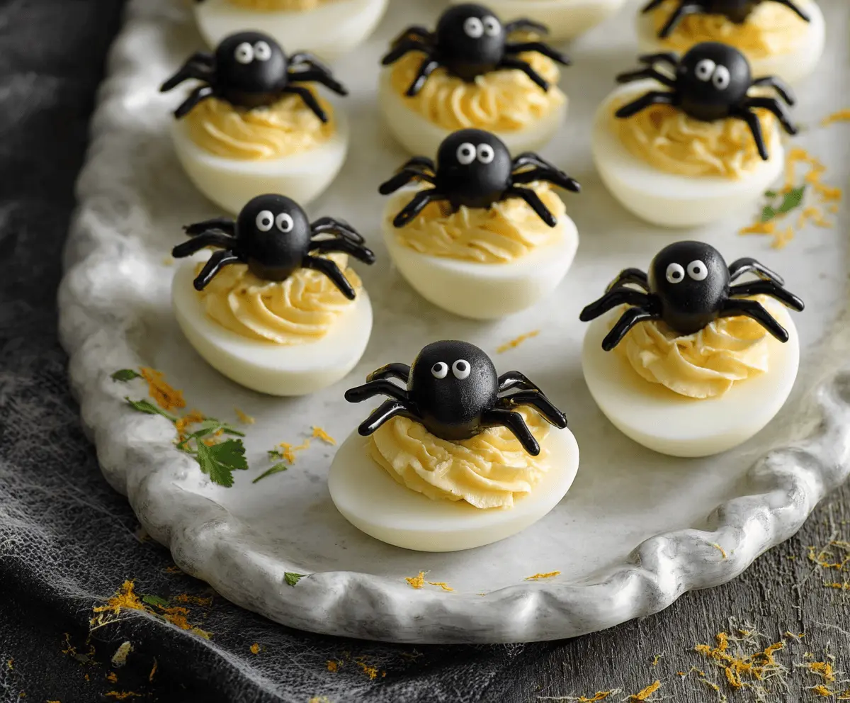 Decorative Crawly Spider Deviled Eggs with black olive spider legs and olive eyes, perfect for Halloween-themed parties