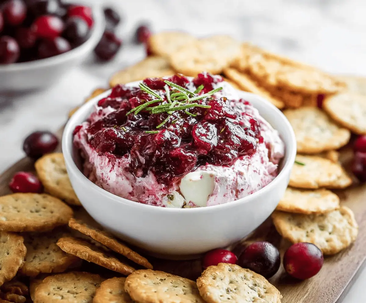 Cream Cheese Cranberry Dip served with fresh fruit and crackers, perfect for holiday gatherings and parties.