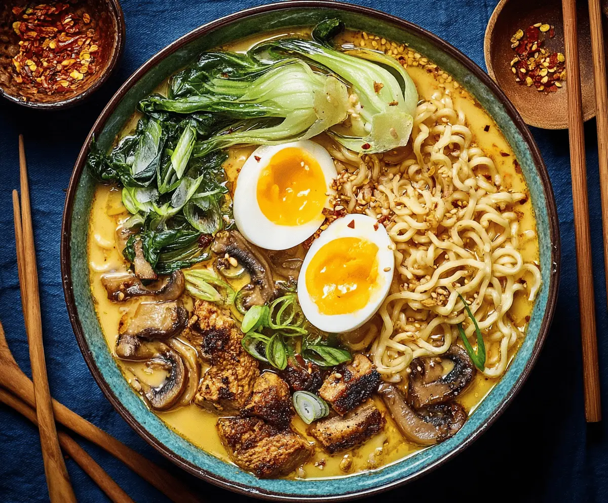 A steaming bowl of spicy curry ramen soup with noodles, vegetables, and garnishes, served in a white bowl on a wooden table.